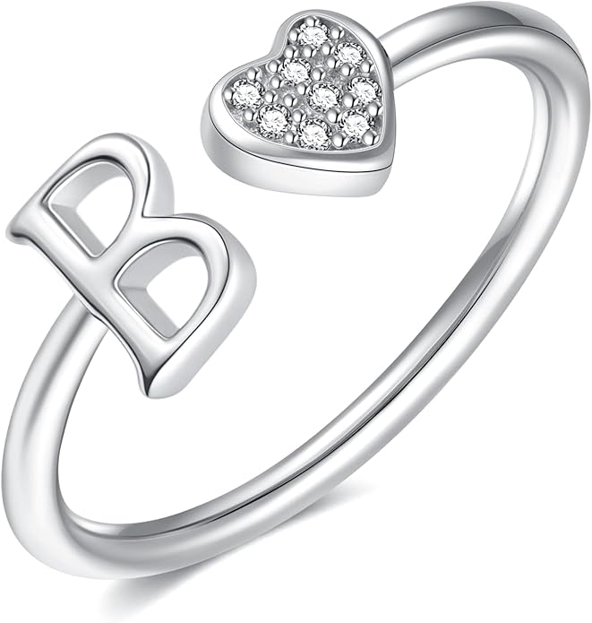 Valentines Day Gift Initial Rings for Teen Girls - S925 Heart Sterling Silver Rings for Teen Girls | 14K Gold/Rose Gold/Sterling Silver Plated Ring for Girls Kids Women Ring for Teenager Girls Gifts Adjustable, No Tarnish, Hypoallergenic