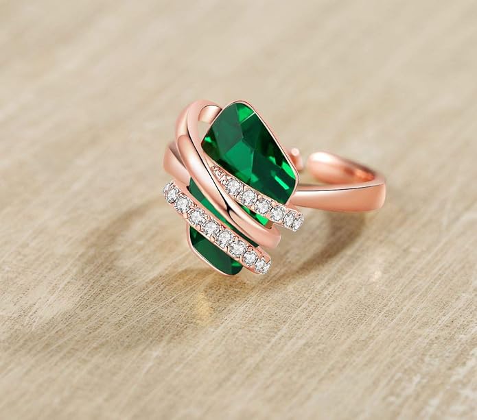 Leafael Wish Stone Women's Adjustable Open Ring Crystal Birthstone Jewelry Gifts for Women, Rose Gold Plated or Silver Tone, Size 6.5-8