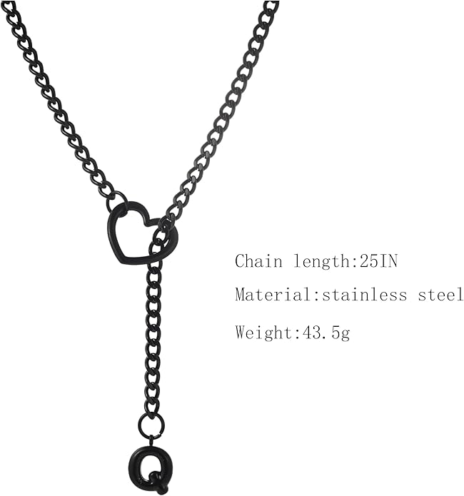 Black Heart Slip Chain Initial Necklaces for Women,Stainless Steel O-Ring Adjustable Lariat Heart Y-Necklace,Punk Gothic Cuban Collar Choker Necklace for women