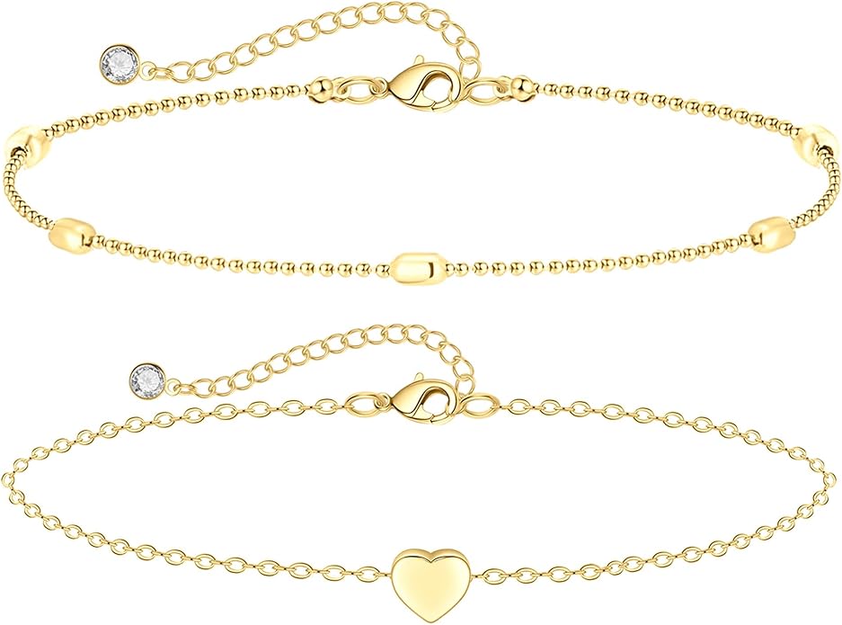 MIDEEO Gold/Silver Ankle Bracelets for Women,14K Gold Anklets for Women Waterproof Cuban Link Heart Beads Herringbone Rhinestone Anklets Set Layered Anklet Bracelets for Women Gold Jewelry Gift
