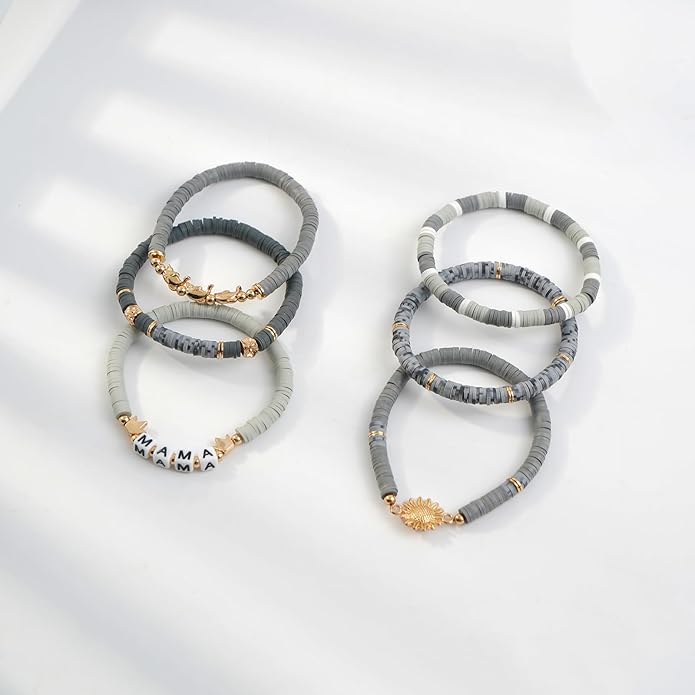 Heishi Beaded Stretch Bracelets for Women Stackable Polymer Clay Beads Bracelets Friendship Boho Summer Beach Bracelet Jewelry Set