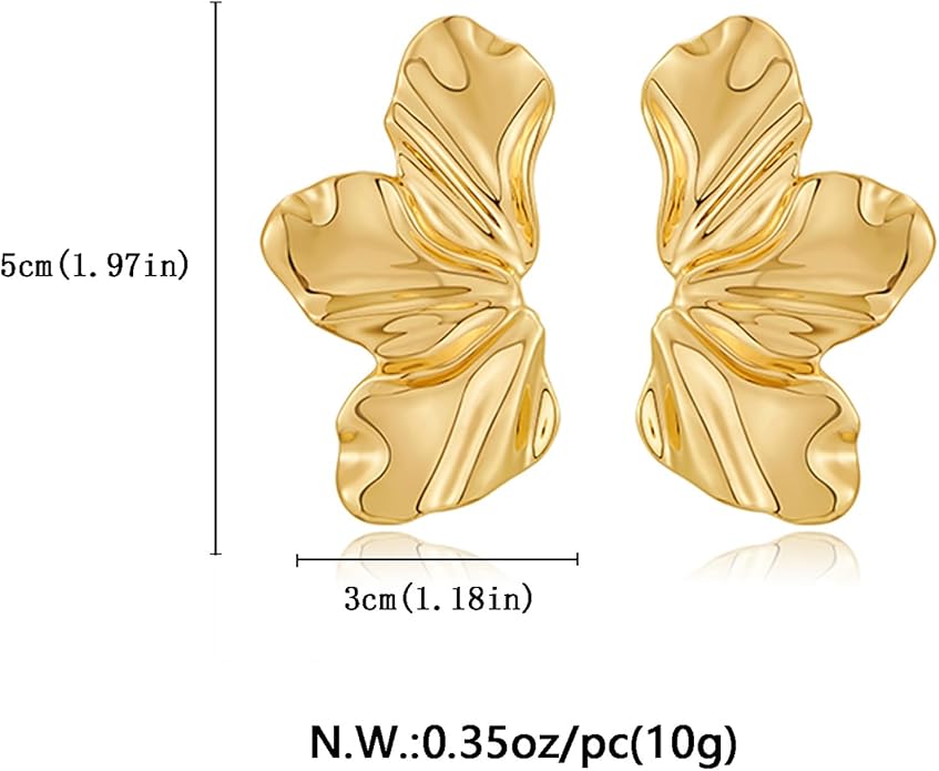 Chunky Gold Statement Earrings For Women Gold Plated Sectored Flower Leaf Shell Angel Wing Earrings Trendy Boho Jewelry For Women Large Stud Earrings Hypoallergenic Earrings