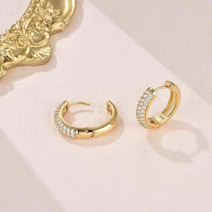 Gold Earrings for Women Girls,14K Gold Plated Hoop Earrings with 925 Sterling Silver Post Cubic Zirconia Stud Earring Huggie Hoops Earrings