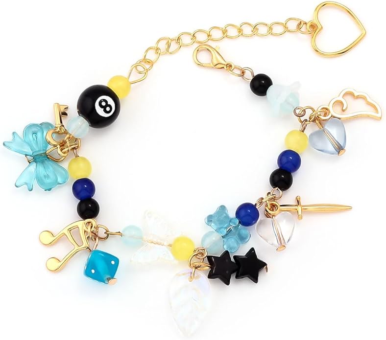 Black 8 Ball Charm Bracelet - Y2K Bow Dopamine Leaf Star Bracelets - Gift for Sister Bestie Friend