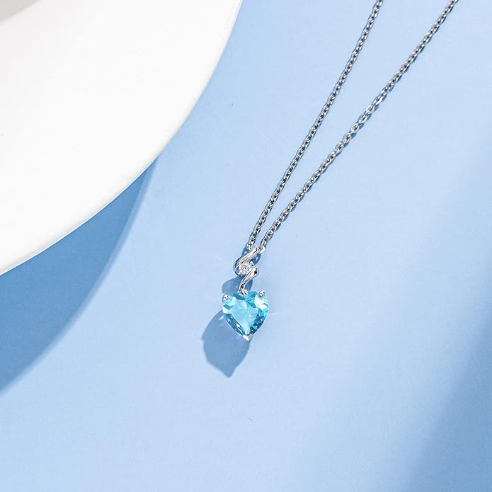 AGVANA Valentines Day Gifts 14K Solid White Gold Diamond Gemstone Pendant with Sterling Silver Chain 8mm Heart Birthstone Necklace Fine Jewelry Anniversary Birthday Gifts for Women Mom Wife