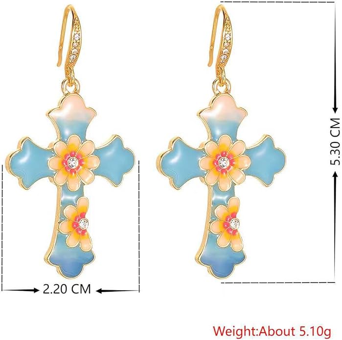 Flower Cross Dangle Earrings for Women, Gold Enamel Hypoallergenic Jewelry