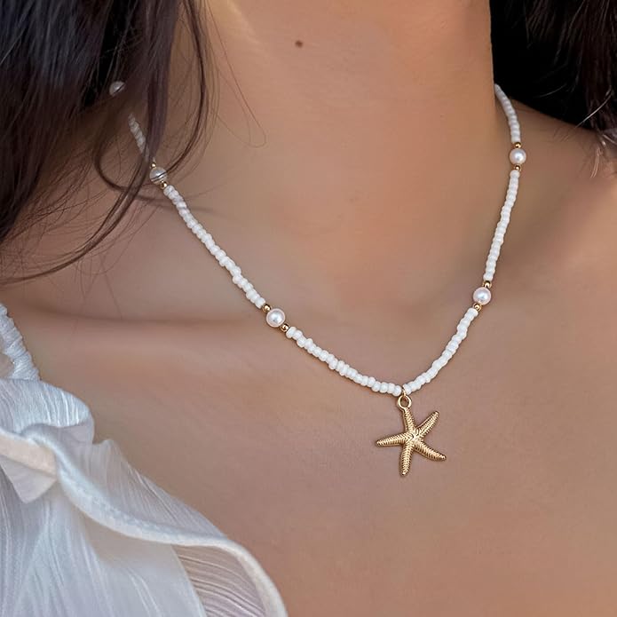 Women's Shell Starfish Boho Layered Beaded Necklace Choker for Summer Beach Vacation Gifts for Birthday/Anniversary/Christmas