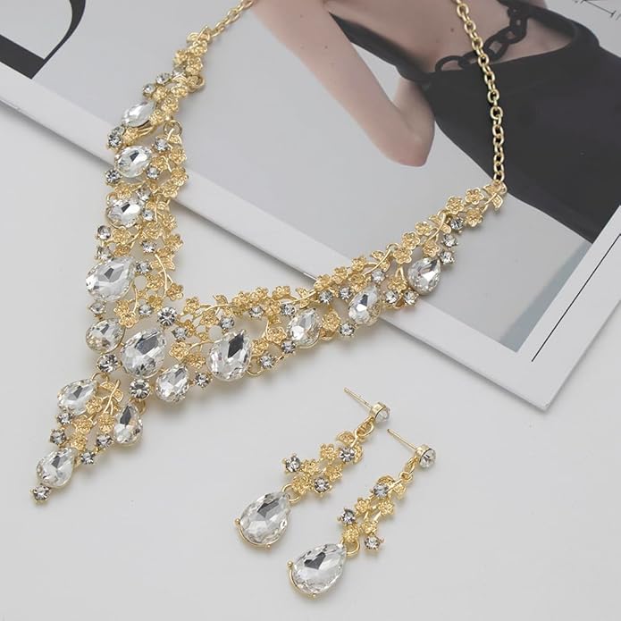 Bridal Bridesmaid Austrian Crystal Jewelry Set, Floarl rhinestone Statement Neckace Teardrop Necklace Drop Dangle Earrings Set