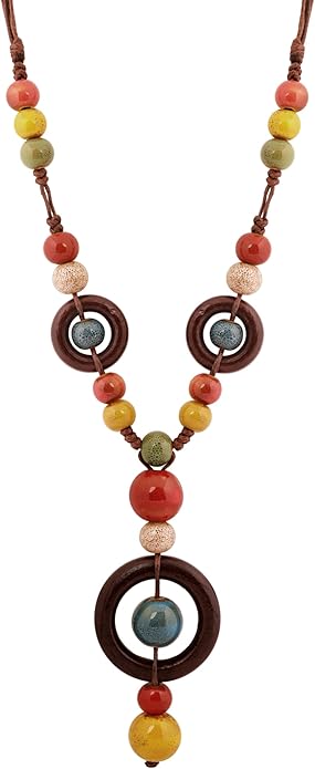MINACHI Boho Hippie Colorful Ceramic Beads Strand O Ring Circle Charm Long Y Necklace, Vintage Bohemian Statement Jewelry Gift for Women