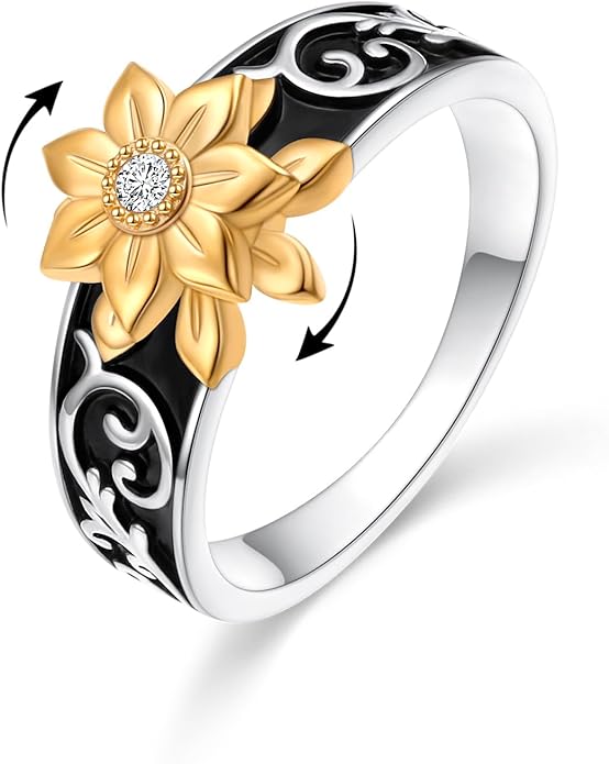 Alphm Sunflower Fidget Ring S925 Sterling Silver Spinner Ring Anxiety Stress Relieving Rotatable Valentine's Day Birthday Jewelry Gift for Women Wife Girlfriend