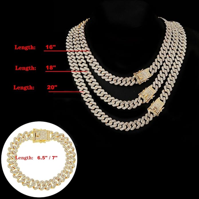 HH BLING EMPIRE 14k Gold/Silver Cuban Link Chain for Women Iced Out Diamond Chunky Cuban Link Necklace Chain Bracelet 2pcs Sets