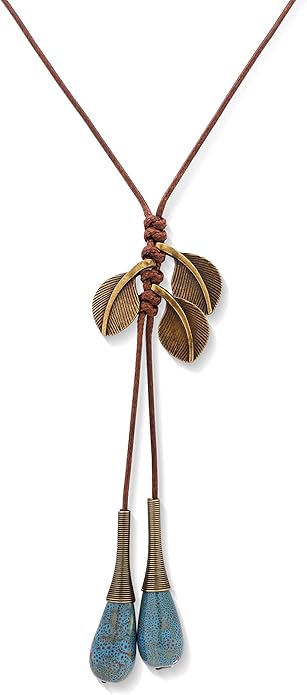MINACHI Vintage Bohemian Leaf Charm Colorful Ceramic Bead Long Y Necklace, Boho Jewelry Gift for Women