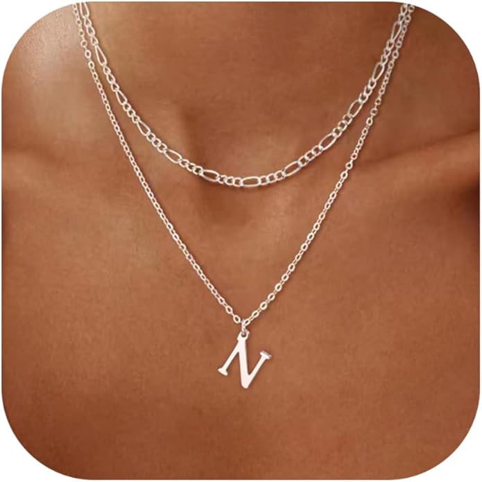 Initial Necklaces for Women Dainty Gold Silver Layered Letter Pendant Necklace Cute Figaro Chain Choker Necklace Personalized Trendy Stuff Jewelry Stack Gift for Women Her