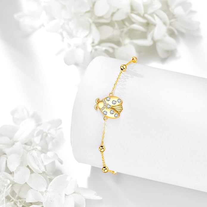 KECHO 14k Yellow Gold Butterfly/Dragonfly/Frog/Sunflower/Daisy/Tree of life/Moon/Clover Bracelet Anklet for Women