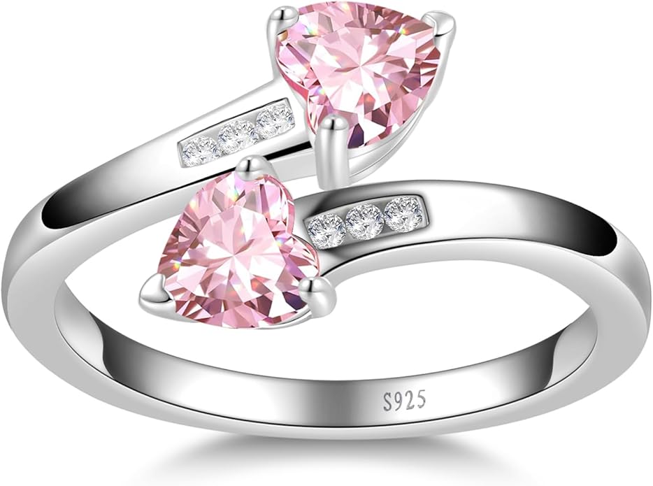 1CT Adjustable Women Heart Ring 925 Sterling Silver Birthstone Rings for Women Promise Ring for her Simulated Gemstone Statement Stackable Band Width 2mm Open Size 5~9