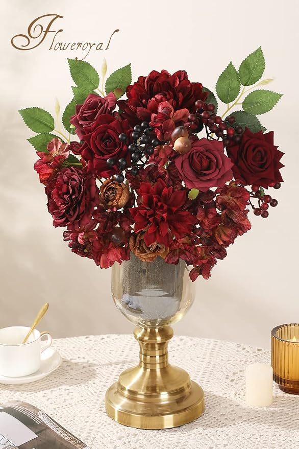 Artificial Flowers Combo Burgundy Flowers Mix Silk Flowers Dahlia Roses - Image 5