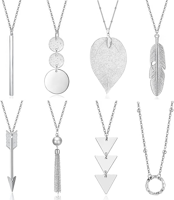 Long Necklaces for Women - Fashion Pendant Necklace Jewelry, Silver Bar Feather Circle Leaf Lock Tassel Y Necklace Jewelry Set for Girls