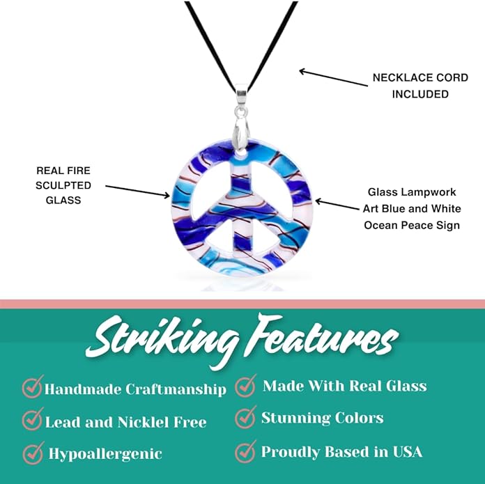BESHEEK Murano Inspired Peace Sign Blown Glass Lampwork Art Pendant Necklace for Women Handcrafted Artisan Hypoallergenic Italian Style Jewelry