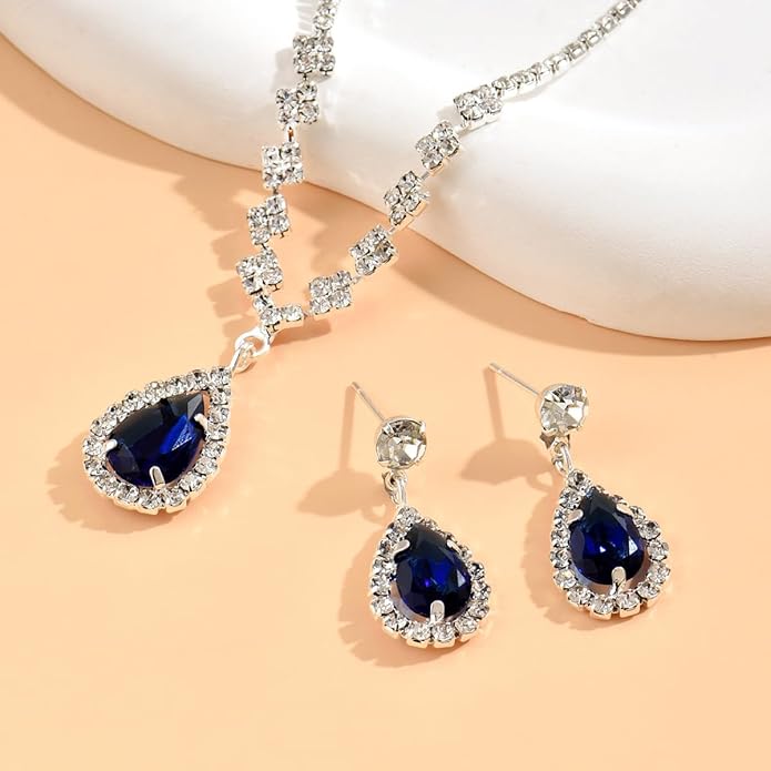 Sparkling Teardrop Halo Bridal Necklace Earrings Set For Women Statement Classic Silver Colors Adjustable Choker Style Chain
