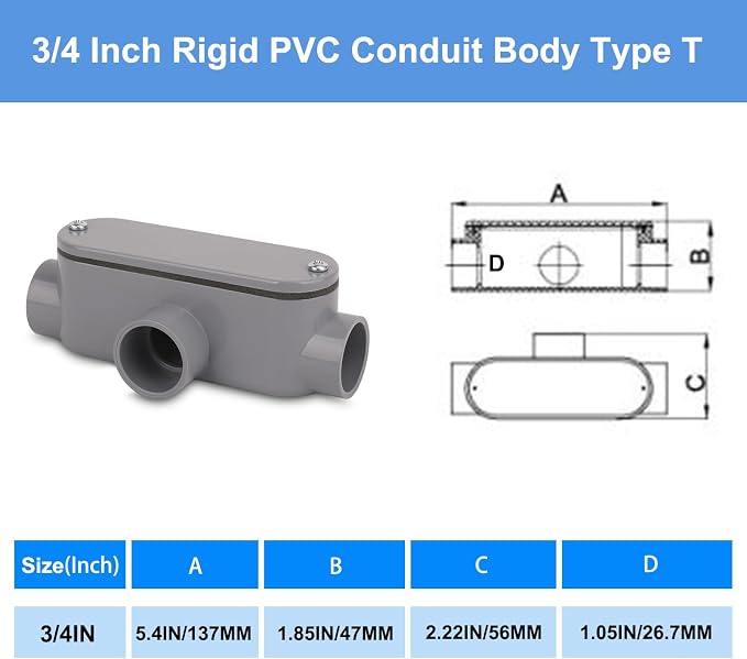 4Pack 3/4 Inch Rigid PVC Conduit Body Type T, Slip x Slip PVC Conduit Bodies T - Image 3