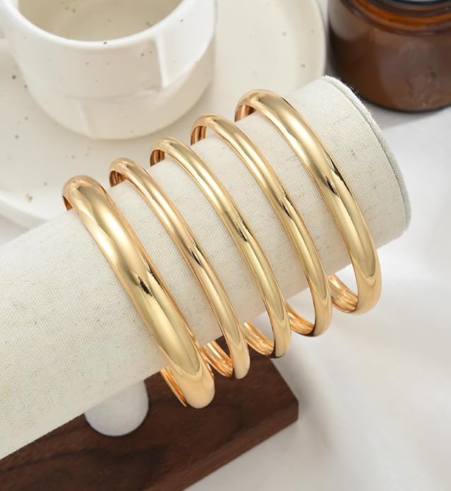 Chunky Gold Bangle Bracelets for Women, Dainty 14k Gold Plated Big Stackable Bangles Set, Trendy Statement Cuff Bracelet Stack Fashion Jewelry Christmas Gifts