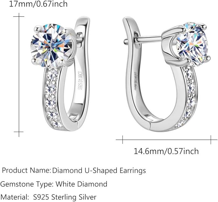U-Shaped 1ct D-color Diamond Hoop Earrings Latch Back for Women in Sterling Silver, Timeless Wedding or Anniversary