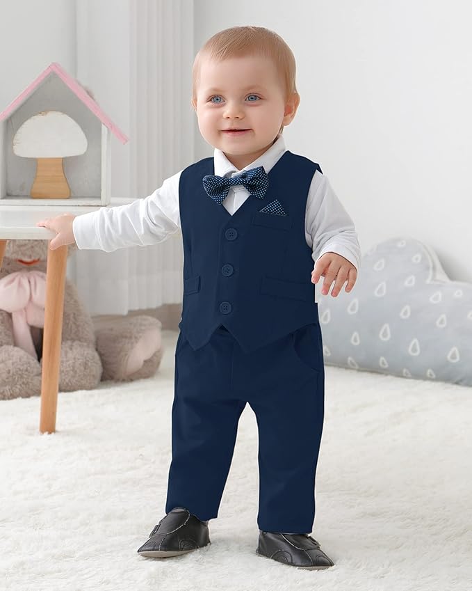 DISAUR Baby Boy Clothes Toddler Boy Outfits 4PCS Gentleman Dress Romper/Vest/Pants/Bow Tie Cotton Suit Sets