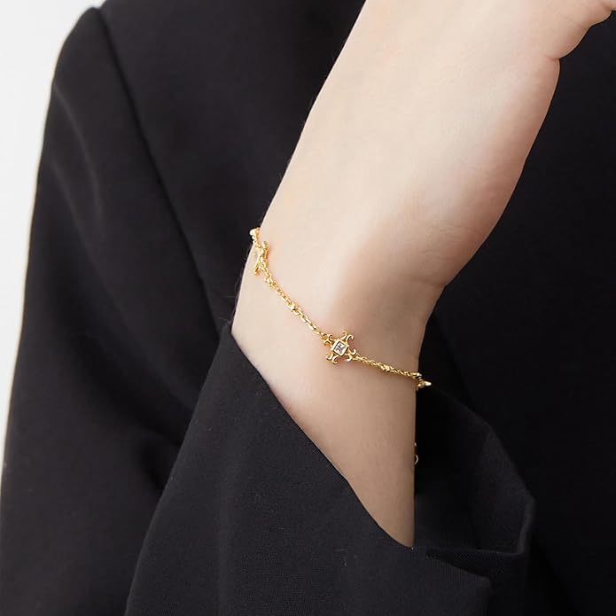 Cicy Bell Womens 18k Gold Plated White Shell Cubic Zirconia Square Cross Adjustable Chain Link Bracelets 6.69" with 2" Extender