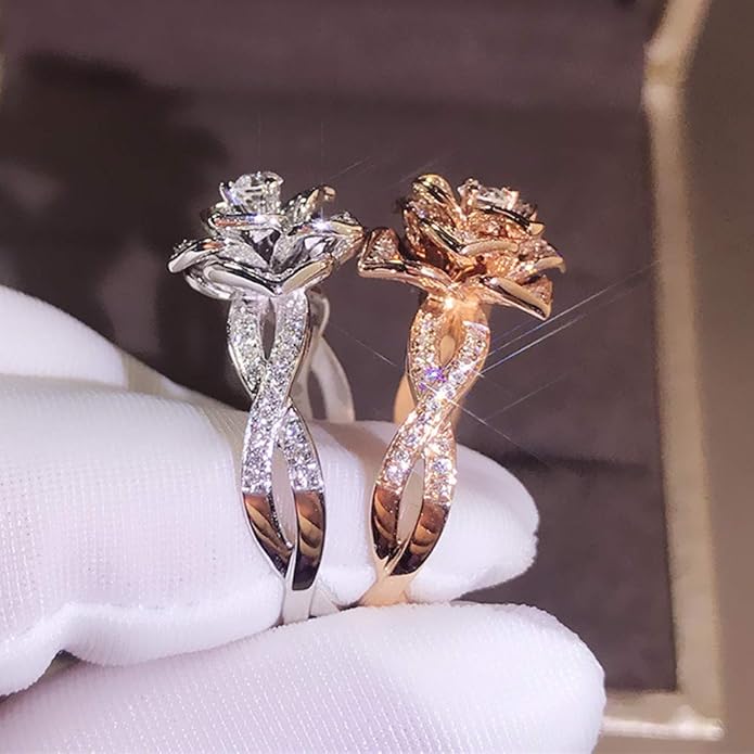 3D Rose Ring CZ Simulated Diamond Ring Rose Gold Ring Rose Flower Ring for Women