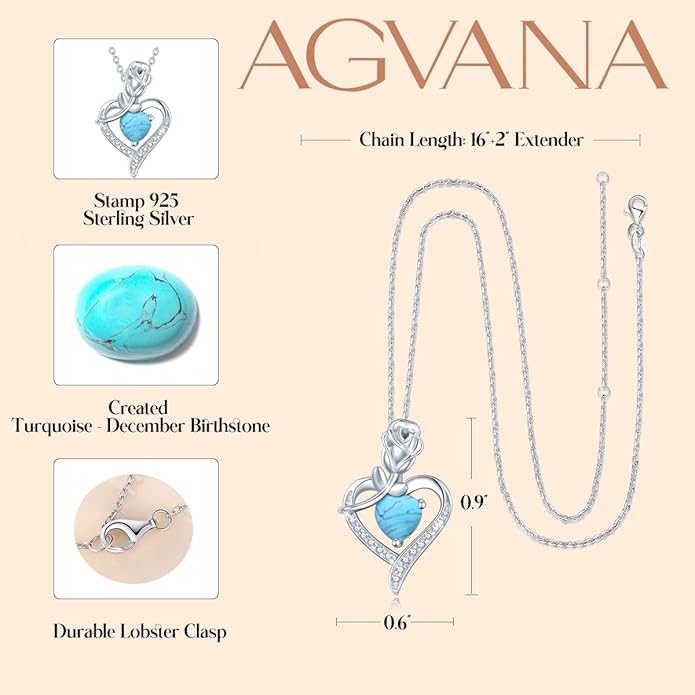 AGVANA Valentines Day Gifts Rosy Reverie Birthstone Necklace for Women Sterling Silver Genuine or Created Gemstone Rose Flower Heart Pendant Necklace Anniversary Birthday Gifts for Women Mom Wife Her