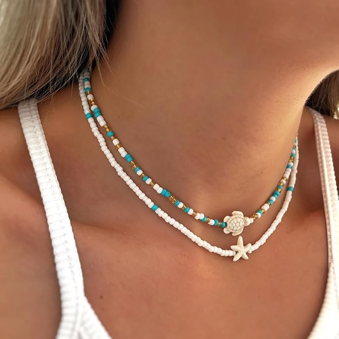 Women's Shell Starfish Boho Layered Beaded Necklace Choker for Summer Beach Vacation Gifts for Birthday/Anniversary/Christmas