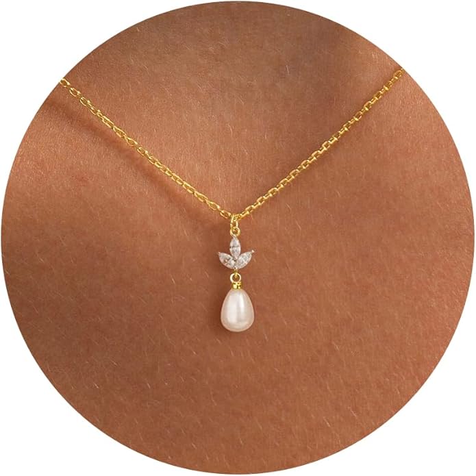 Pearl Necklaces for Women-14k Gold Plated Layered-Single Pearl Necklace Simple Pearl Choker Necklaces for Women Trendy Cute Gold Necklace Jewelry for Women Gifts