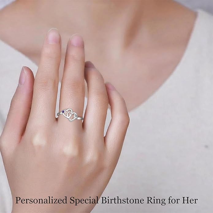 Personalized Heart Birthstone Rings for Women with 2 Birthstones Custom Name Rings for Couple Mother Daughter Jewelry Gift for Mother Her Christmas