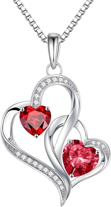 Iefil Valentines Day Gifts for Her - 925 Sterling Silver Double Birthstone Necklace, Heart Necklaces for Women, Anniversary Birthday Gifts, Personalized Jewelry Gift for Wife Mom Girlfriend