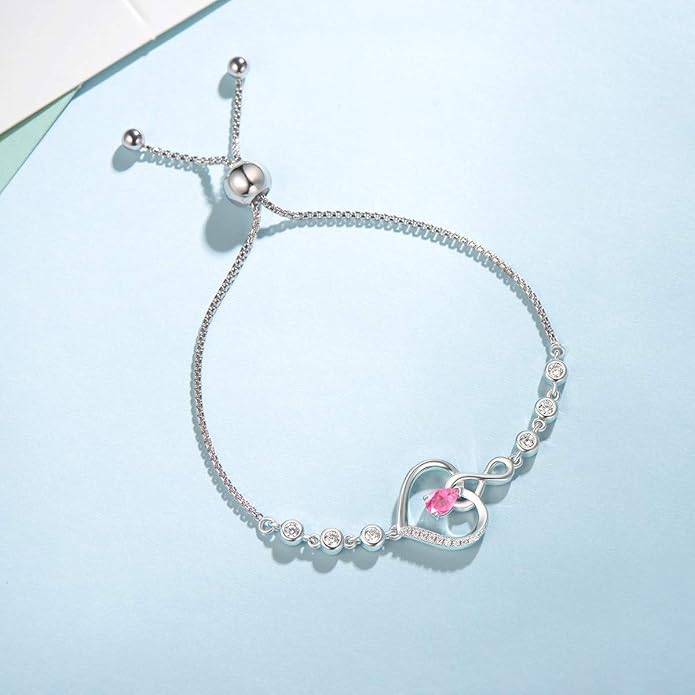 AGVANA Valentines Day Gifts Heart Birthstone Bracelets for Women Sterling Silver Genuine or Created Gemstone Tennis Bracelet Infinity Love Jewelry Anniversary Birthday Gifts for Wife Mom Women