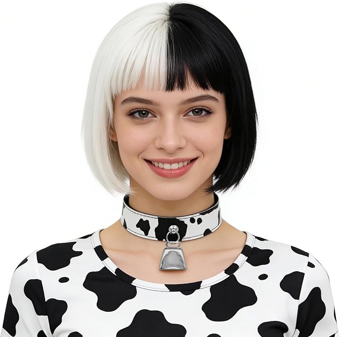 Bell Collar Necklace for Women, Cow Print PU Leather Choker with Flat Ribbon Tie, Anime Cow Cosplay Jewelry Gifts
