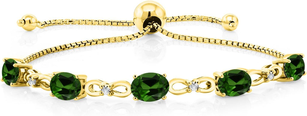Gem Stone King 7X5MM Oval Cut Gemstone Birthstone and Accent Lab Grown Diamond Tennis Bracelet For Women In 18K Yellow Gold Plated Silver | Adjustable Bolo Bracelet For Women | Easy-On Easy-Off