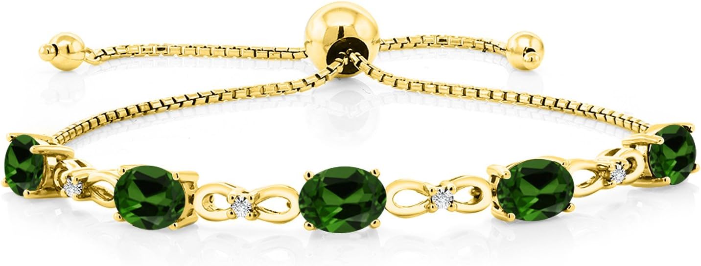 Gem Stone King 7X5MM Oval Cut Gemstone Birthstone and Accent Lab Grown Diamond Tennis Bracelet For Women In 18K Yellow Gold Plated Silver | Adjustable Bolo Bracelet For Women | Easy-On Easy-Off