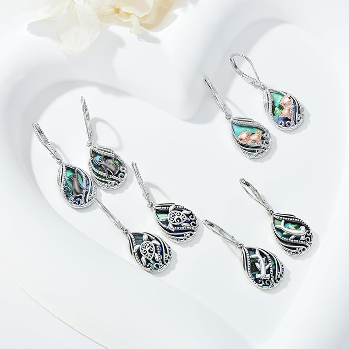 Animal Earrings 925 Sterling Silver Abalone Shell Dangle Drop Earrings Leverback Earrings Cute Animal Jewelry Gifts for Women Girlfriend