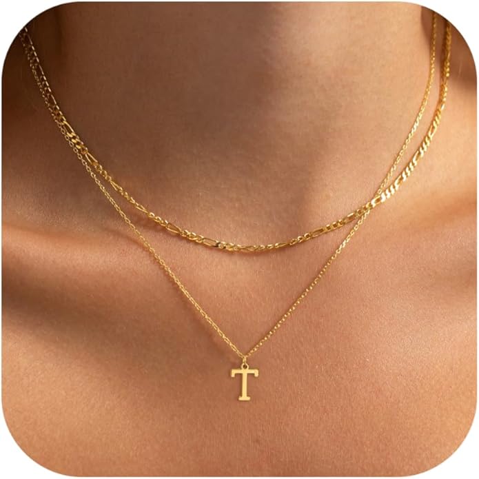 Initial Necklaces for Women Dainty Gold Silver Layered Letter Pendant Necklace Cute Figaro Chain Choker Necklace Personalized Trendy Stuff Jewelry Stack Gift for Women Her