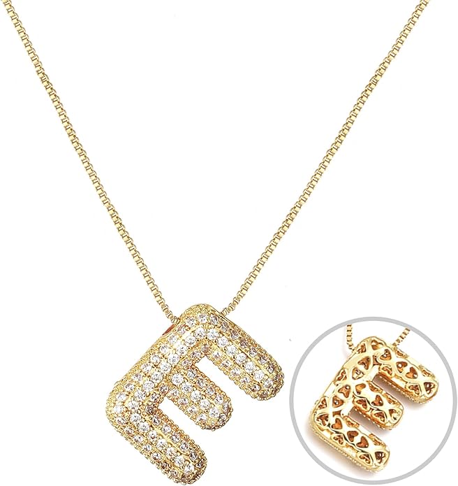 RWQIAN Letter Necklace for Women Bubble, Chunky Initial Alphabet A-Z Pendant Puffy Name Personalized Necklace Dainty Zircon CZ Fashion Jewelry Gifts for Girls Girlfriend