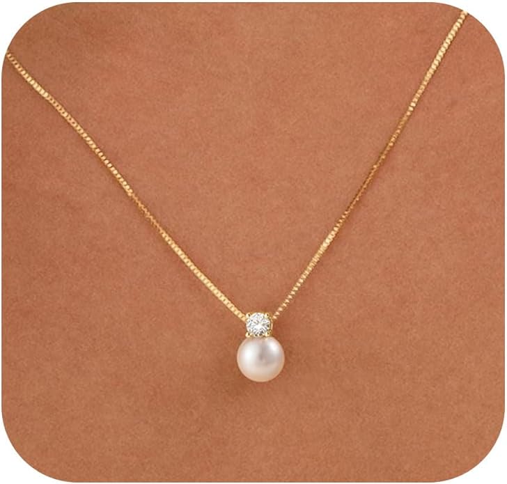WFYOU Pearl Necklaces for Women Trendy 6MM 8MM 10MM Dainty Round Natural Freshwater Pearl Necklace Silver 14K Gold Plated CZ Pearls Necklaces for Women Birthday Bridesmaid Wedding Gifts Pearl Jewelry