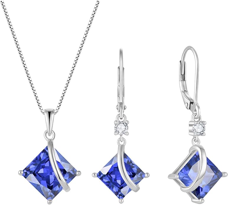 Square Princess Cut Necklace and Earrings Set 925 Sterling Silver Solitaire Tanzanite Jewelry Set for Women December Birthstone Jewelry Gifts for Her