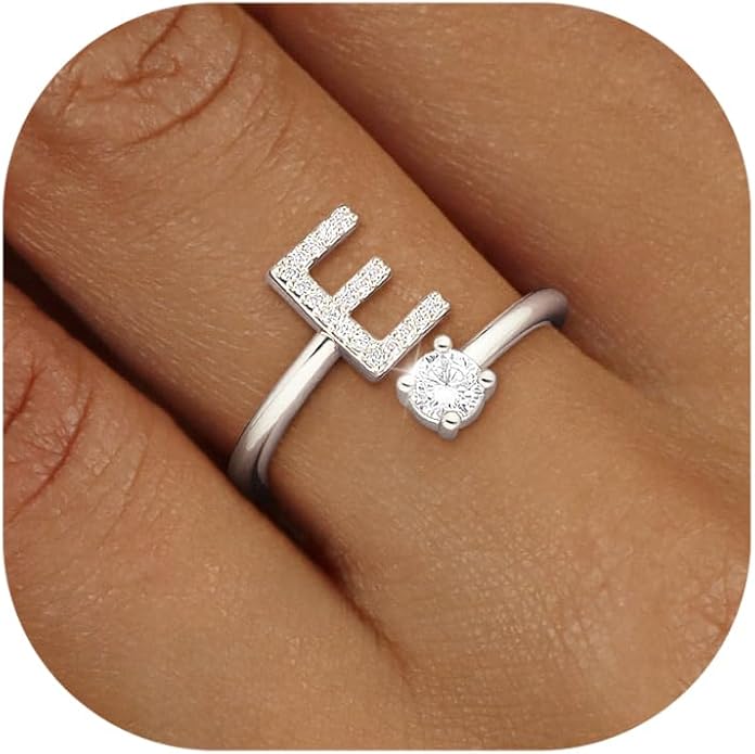 Valentines Day Gifts Gold Silver Initial Rings for Women Non Tarnish Dainty 14k Gold Plated Stackable Rings for Women Trendy Adjustable Letter Cubic Zirconia Pinky Ring Cute Open Birthday Gift Jewelry