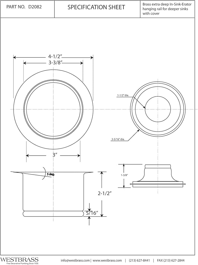 Westbrass D2082-50 3-1/2" Extra-Deep Collar Kitchen Sink Waste Disposal Flange - Image 2