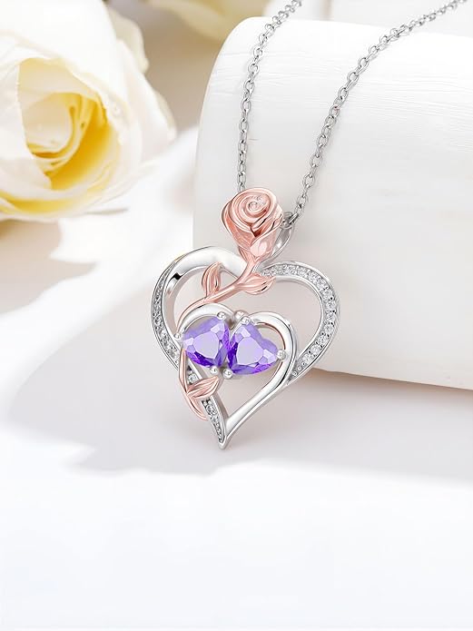 Rose Flower Heart Pendant for Women Birthday Gifts 18k Gold Plated Mother Daughter Necklace with 12 Months Birthstone Christmas Valentines Day Gifts for Her Mom Anniversarry Jewelry for Mom Wife Girlfriend