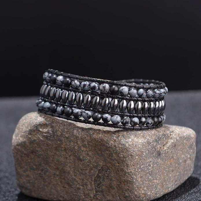 YGLINE Boho Handmade Natural Stone Bead 3 Row Wide Wrap Wrist Statment Bracelet Jewelry Collection