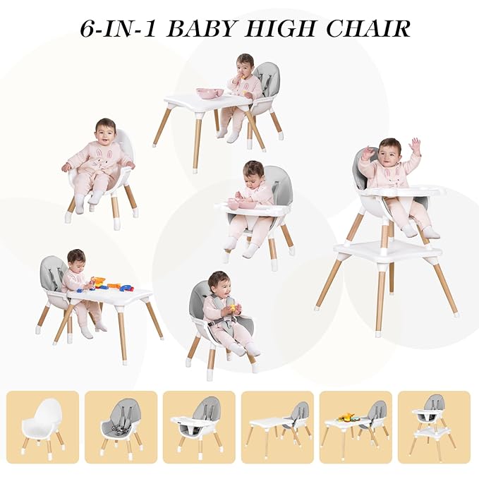 6 in 1 High Chair for Babies & Toddlers, Convertible Wooden Baby Highchair, Table and Chair Set, Baby Feeding Chair, 5-Point Adjustable Harness/4-Position Removable Tray& PU Seat Cushion(Grey)