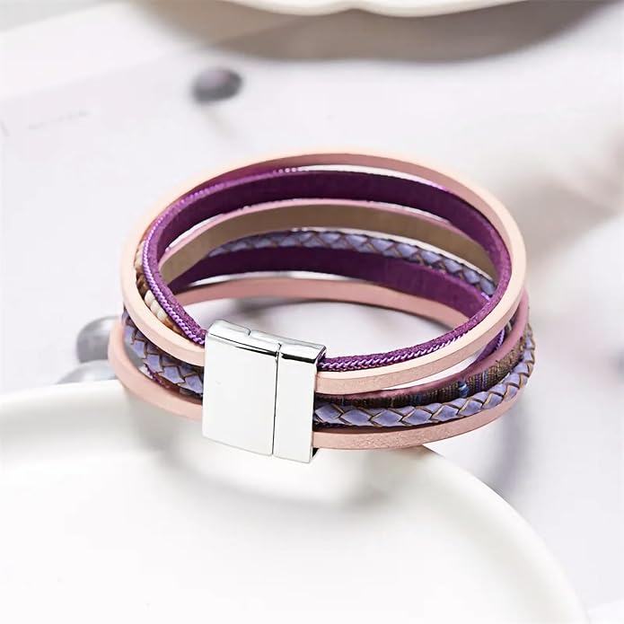 Fesciory Leather Wrap Bracelets for Women, Boho Leopard Multi-Layer Crystal Beads Cuff Bracelet Jewelry
