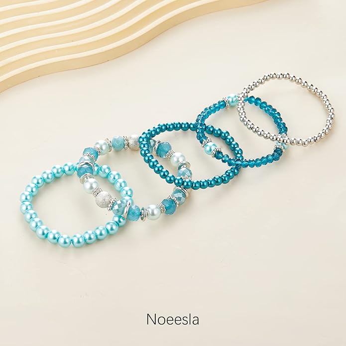 Noessla Beaded Pearl Stretch Bracelet Silver Stackable Crystal Beads Bracelets Trendy Costume Jewelry Mothers Day Gifts for Women